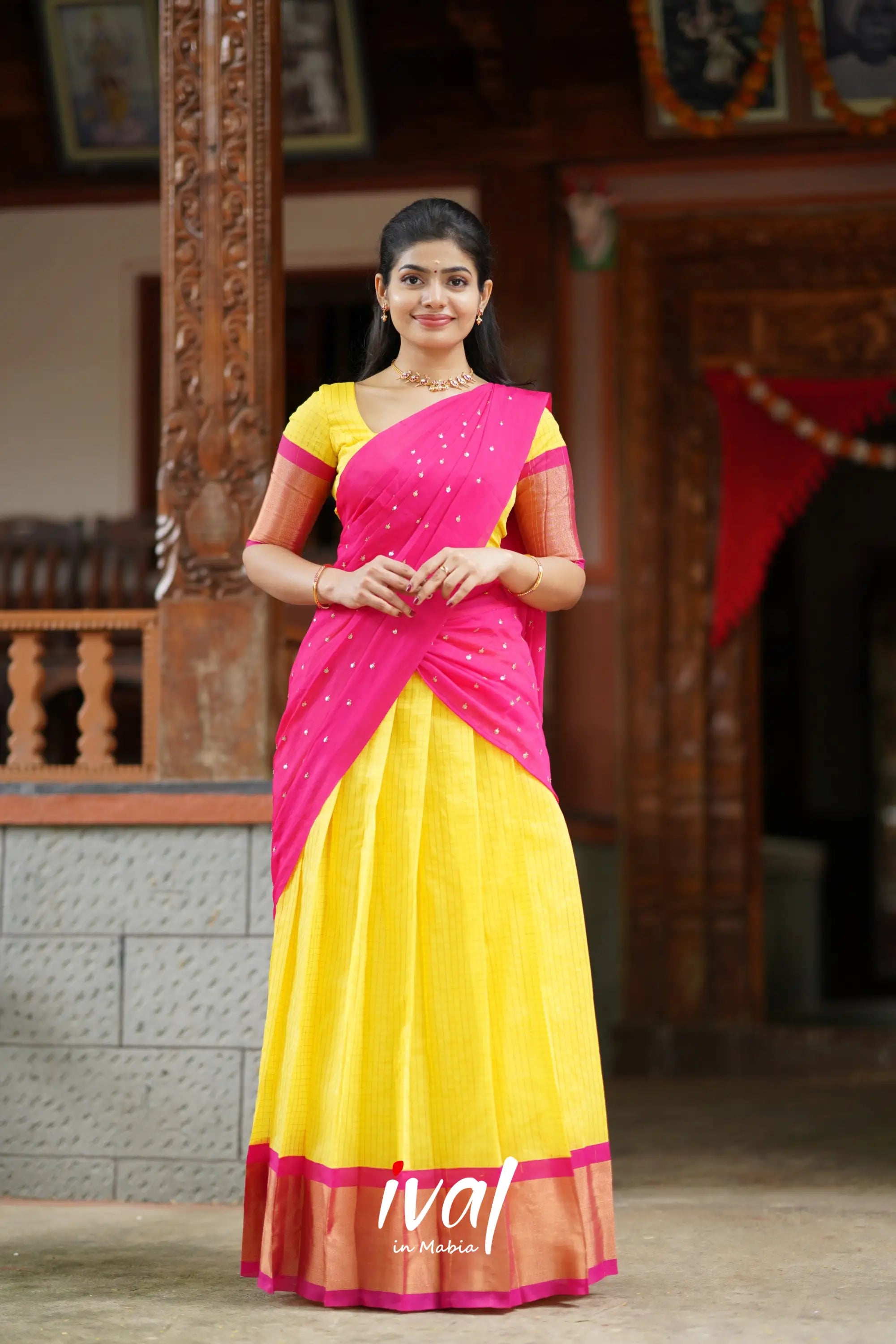 Sayuri - Yellow And Pink Silk Cotton Halfsaree Half Sarees