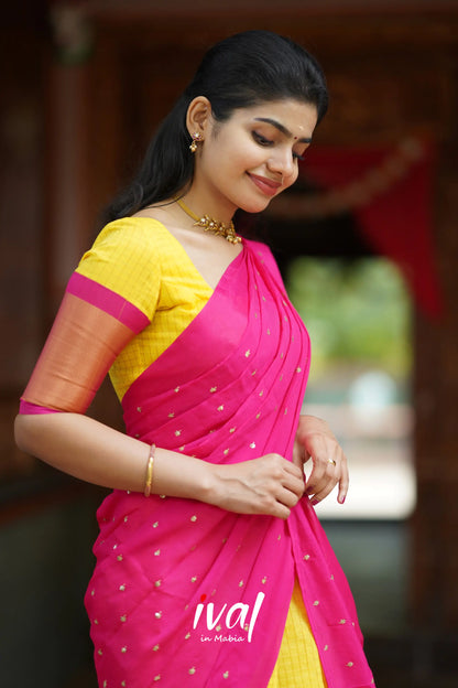 Sayuri - Yellow And Pink Silk Cotton Halfsaree Half Sarees