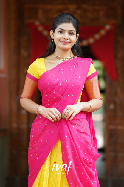 Sayuri - Yellow And Pink Silk Cotton Halfsaree Half Sarees