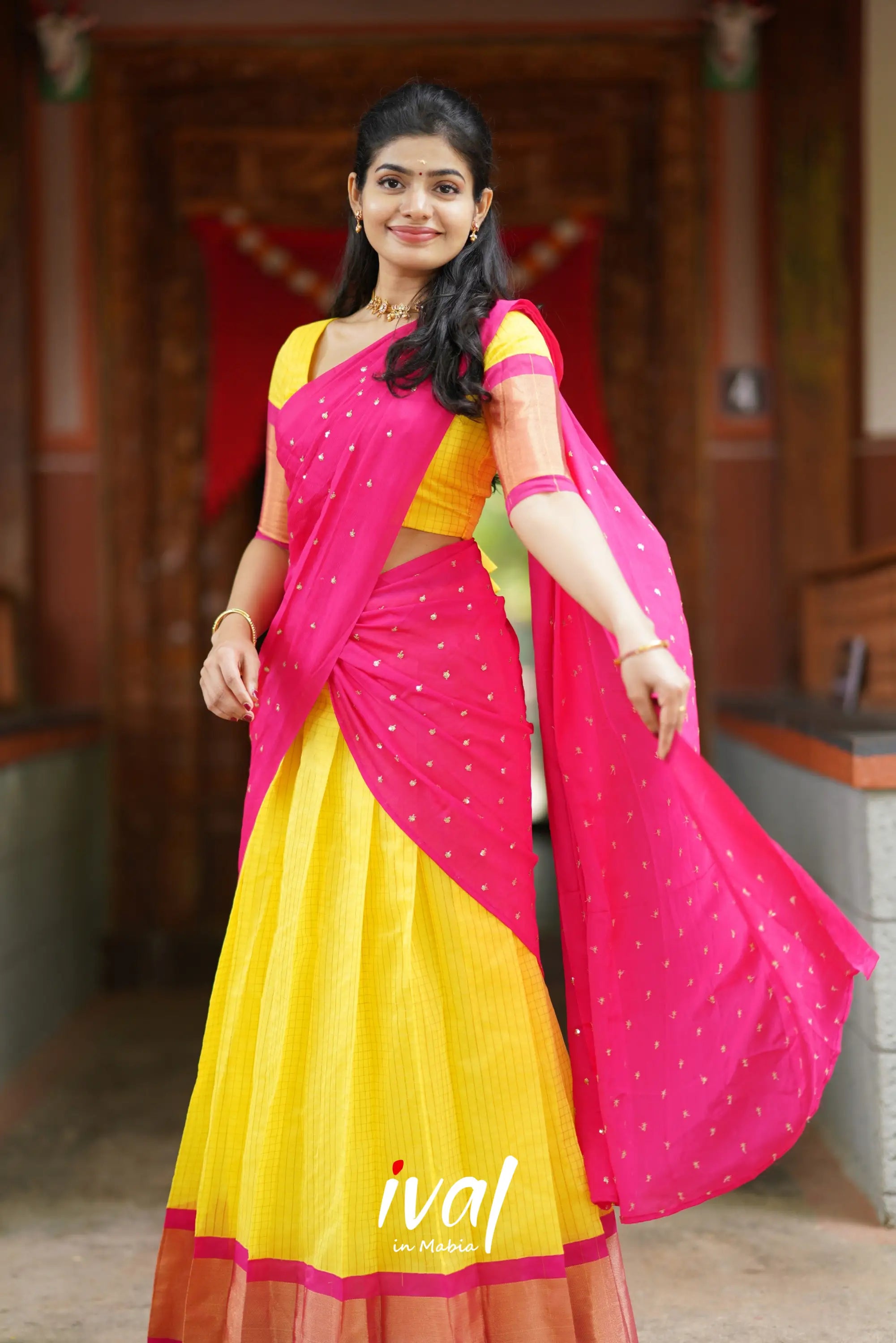 Sayuri - Yellow And Pink Silk Cotton Halfsaree Half Sarees