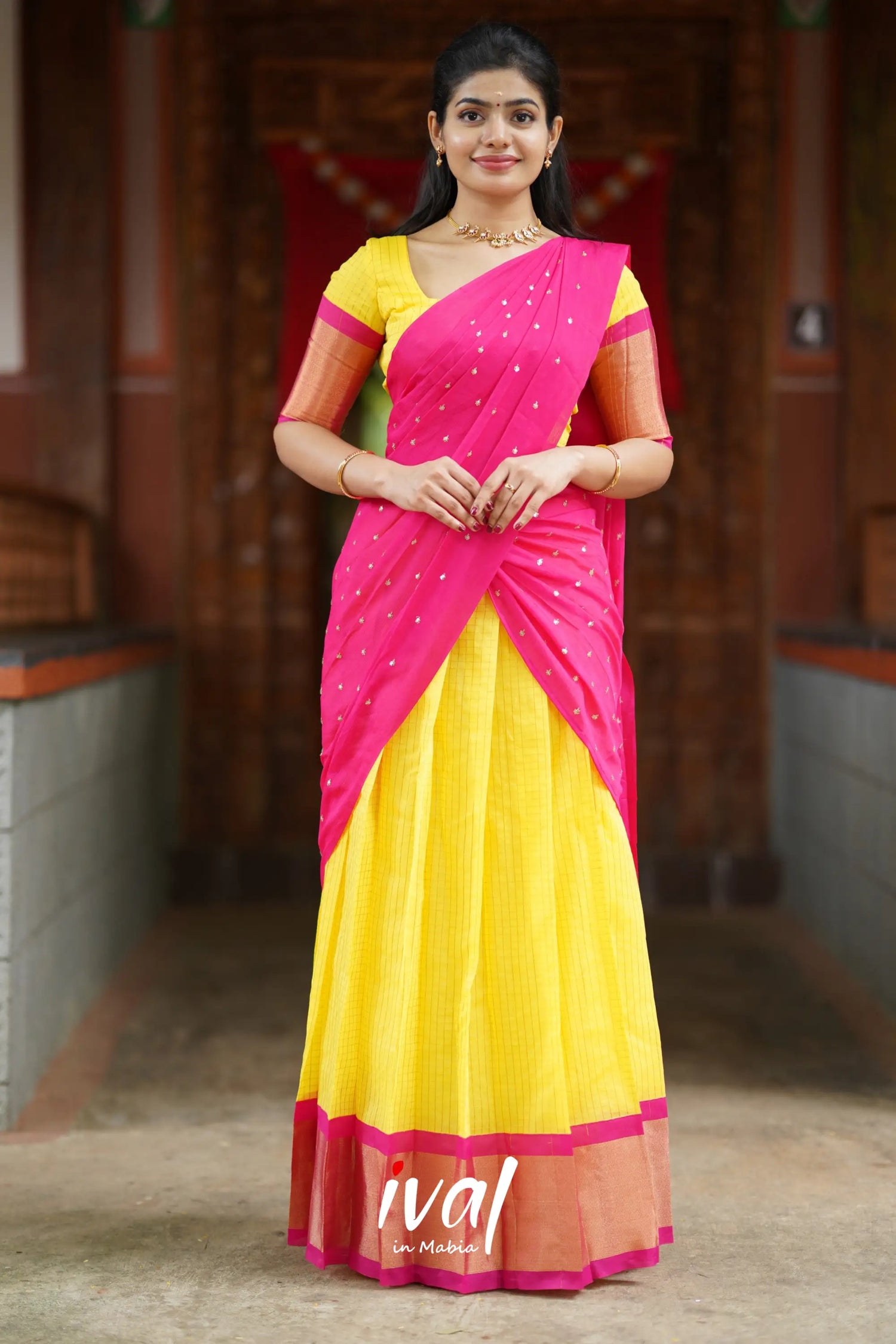 Sayuri - Yellow And Pink Silk Cotton Halfsaree Half Sarees