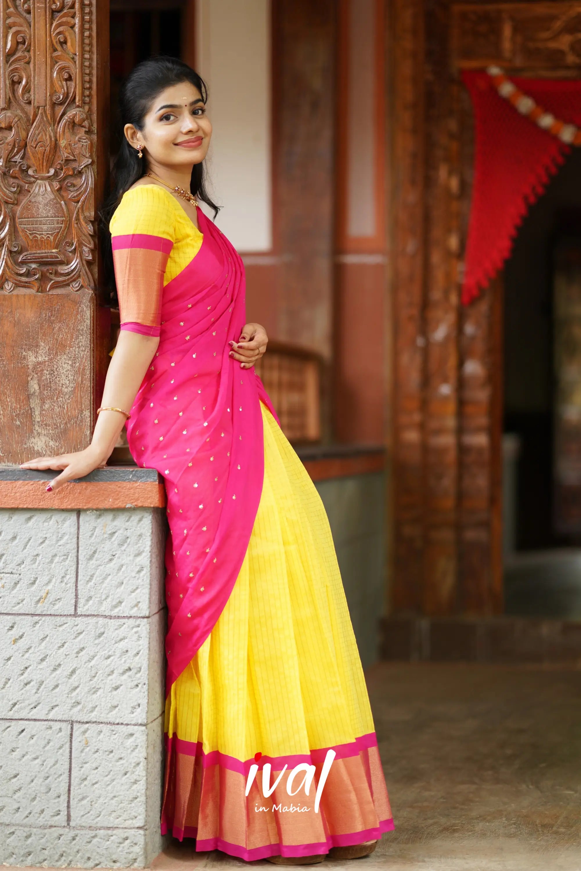 Sayuri - Yellow And Pink Silk Cotton Halfsaree Half Sarees