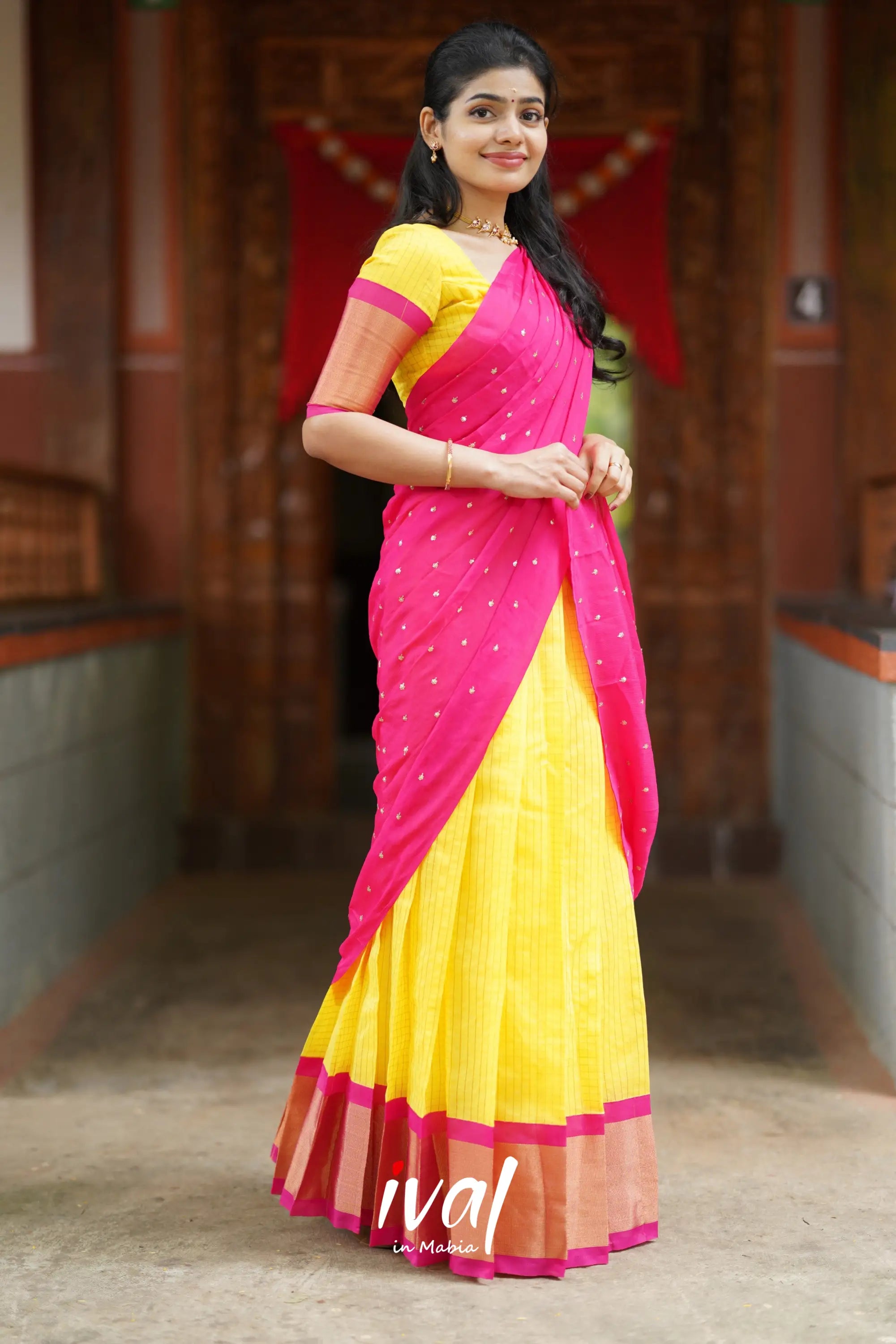 Sayuri - Yellow And Pink Silk Cotton Halfsaree Half Sarees