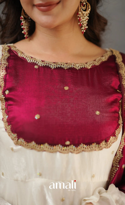Scape Silk Anarkali - White and Maroon Anarkalis