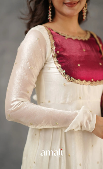 Scape Silk Anarkali - White and Maroon Anarkalis