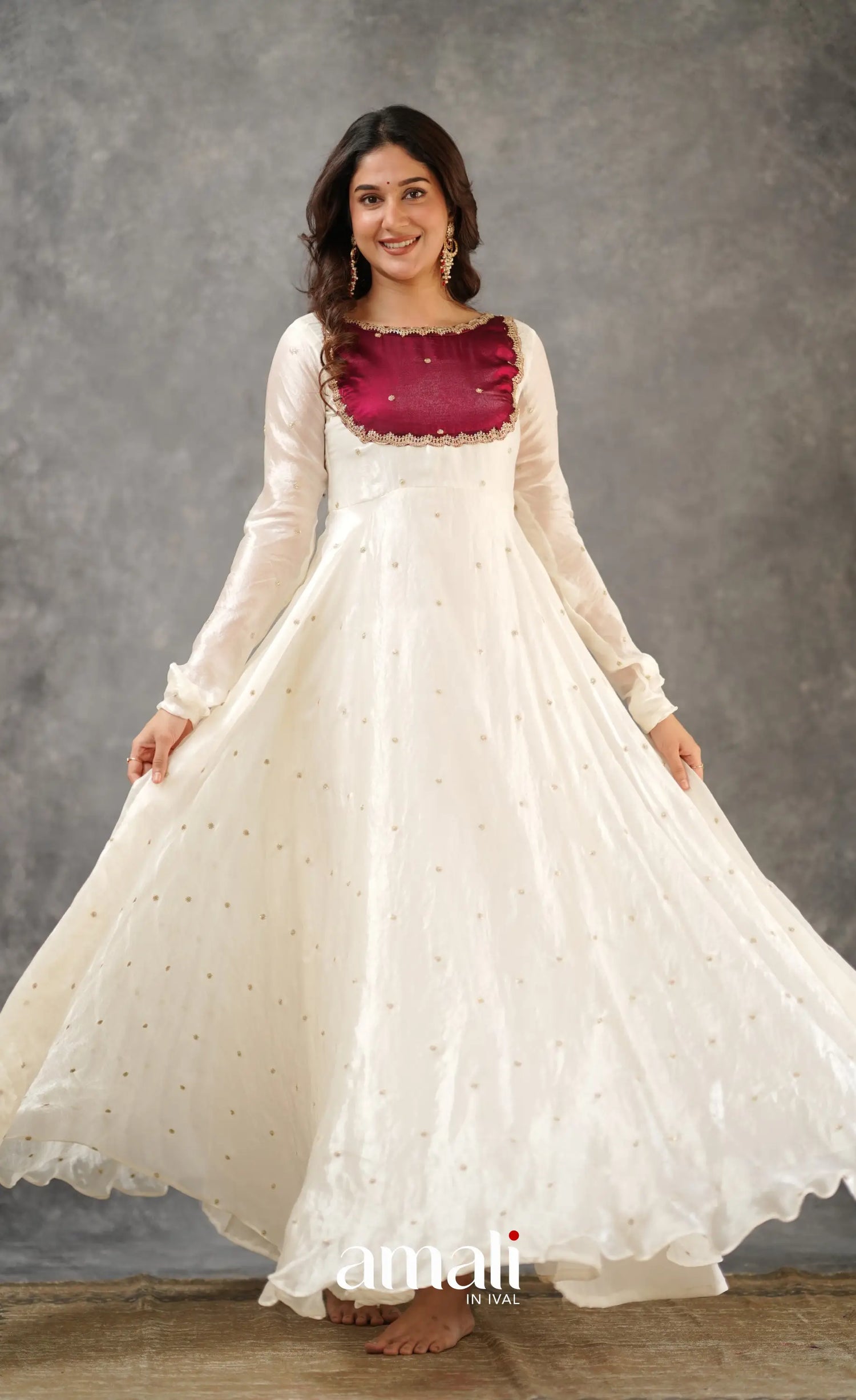 white silk anarkali dress White Floral Digital Printed Organza Silk Anarkali Set with