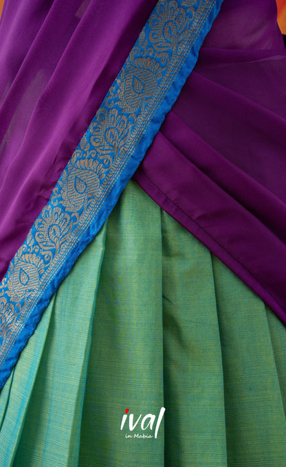 Sea Green with Violet Semi-Stitched Cotton Halfsaree Half Sarees