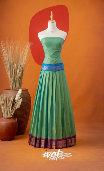Sea Green with Violet Semi-Stitched Cotton Halfsaree Half Sarees