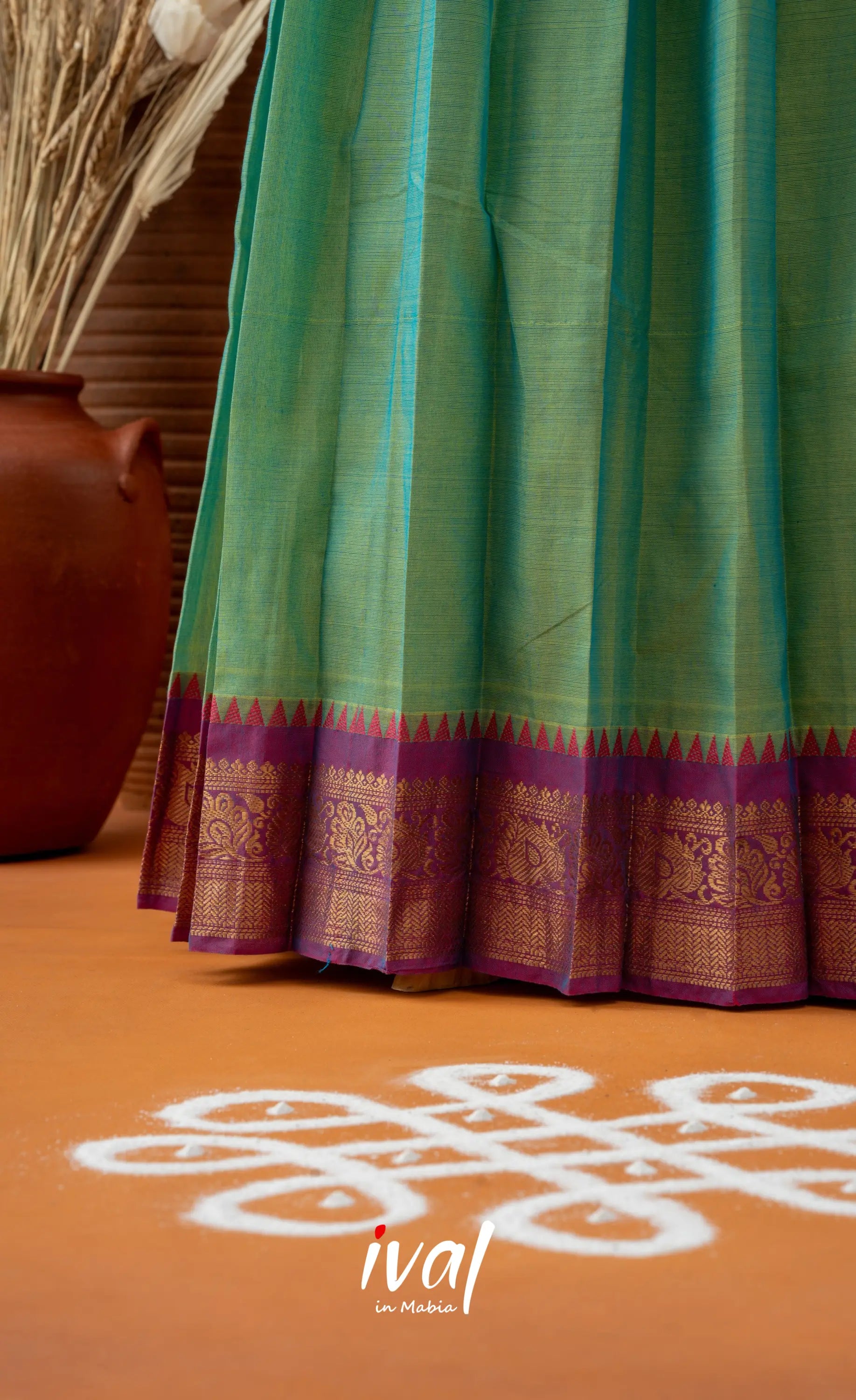 Sea Green with Violet Semi-Stitched Cotton Halfsaree Half Sarees