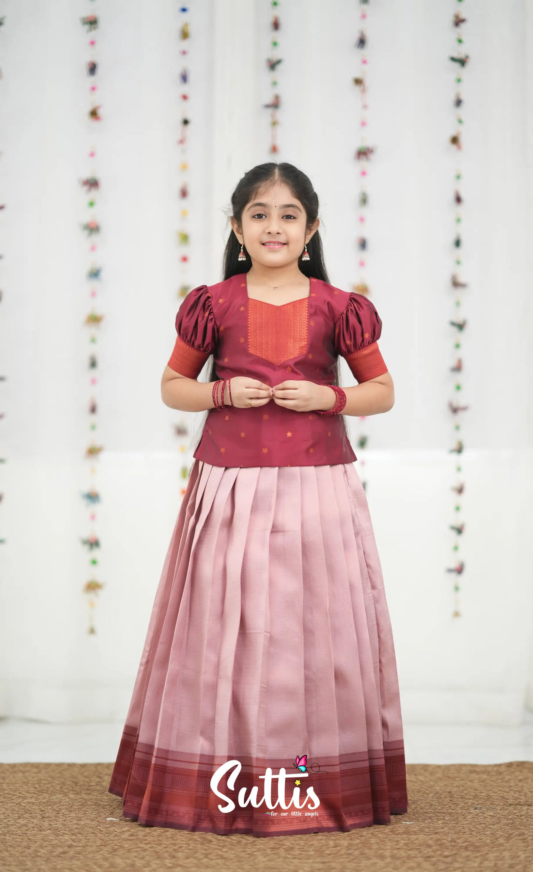 Silk Cotton Pavadai Sattai - Baby Pink and Red Kids-Suttis