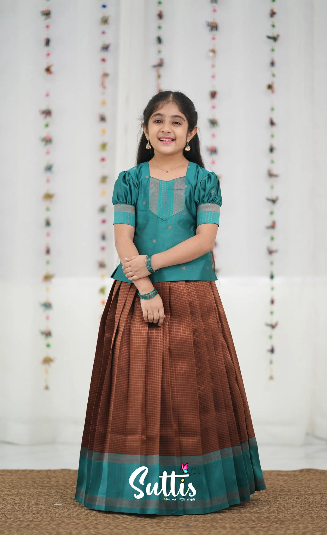 Silk Cotton Pavadai Sattai - Brown and Teal Blue Kids-Suttis