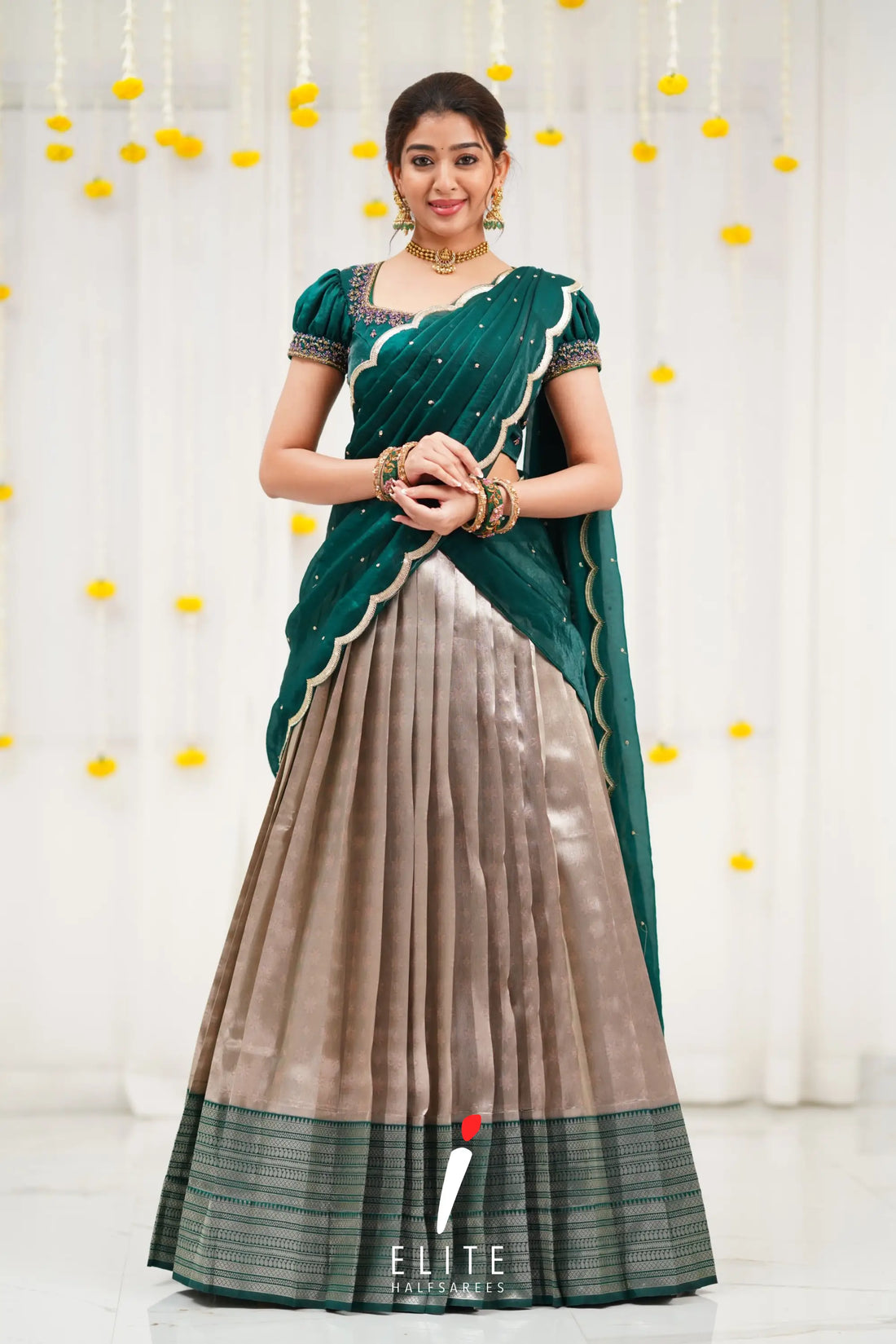 Silver Grey And Dark Teal Green Blended Silk Designer Halfsaree