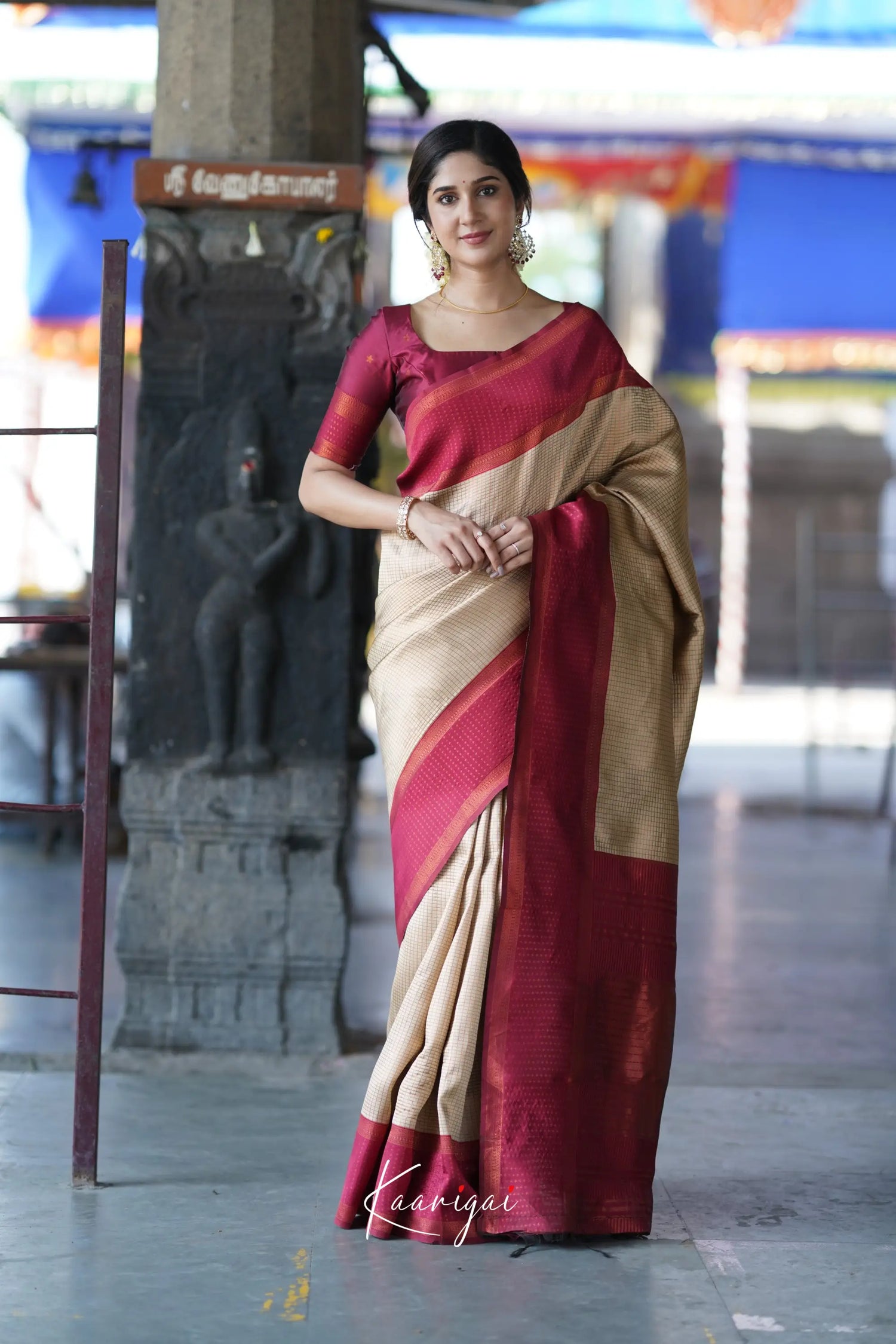 Sita - Beige And Maroon Red Semi Silk Saree Sarees