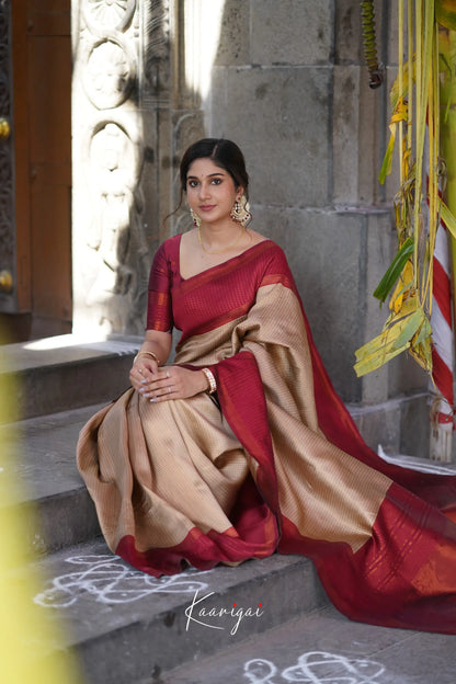 Sita - Beige And Maroon Red Semi Silk Saree Sarees