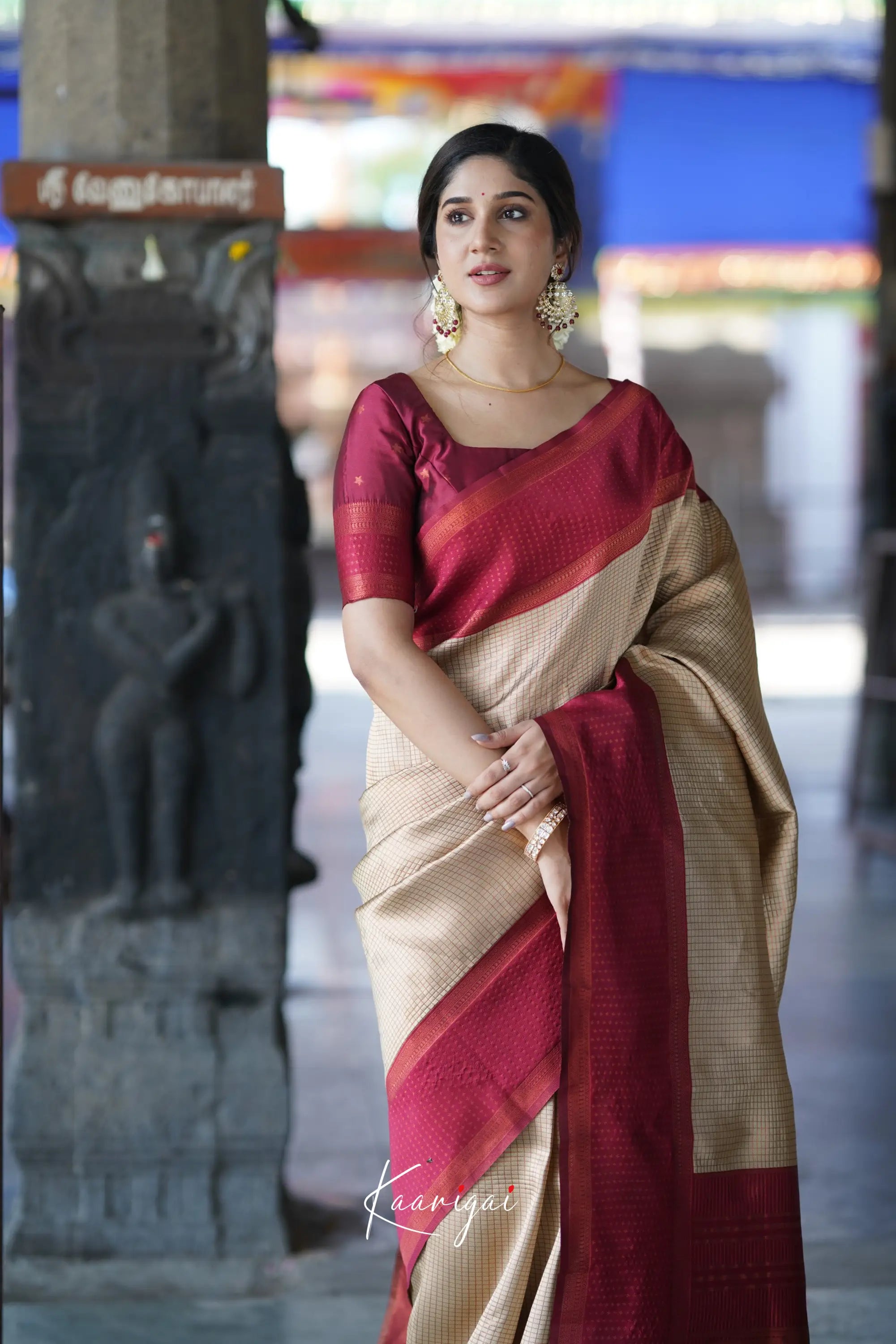 Sita - Beige And Maroon Red Semi Silk Saree Sarees