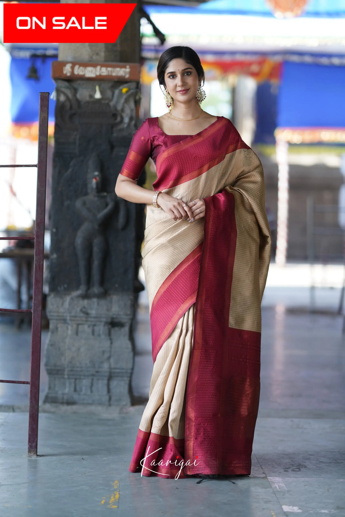 Sita - Beige And Maroon Red Semi Silk Saree Sarees
