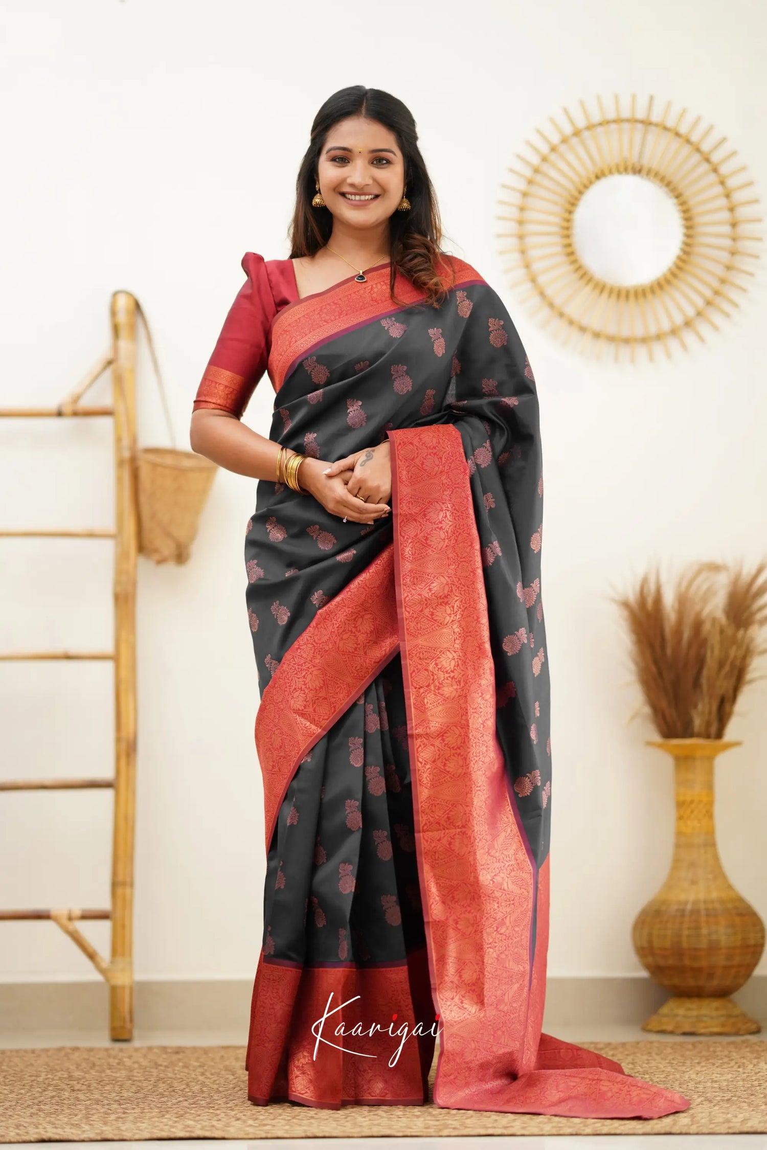 Sita - Black And Red Semi Silk Saree Sarees