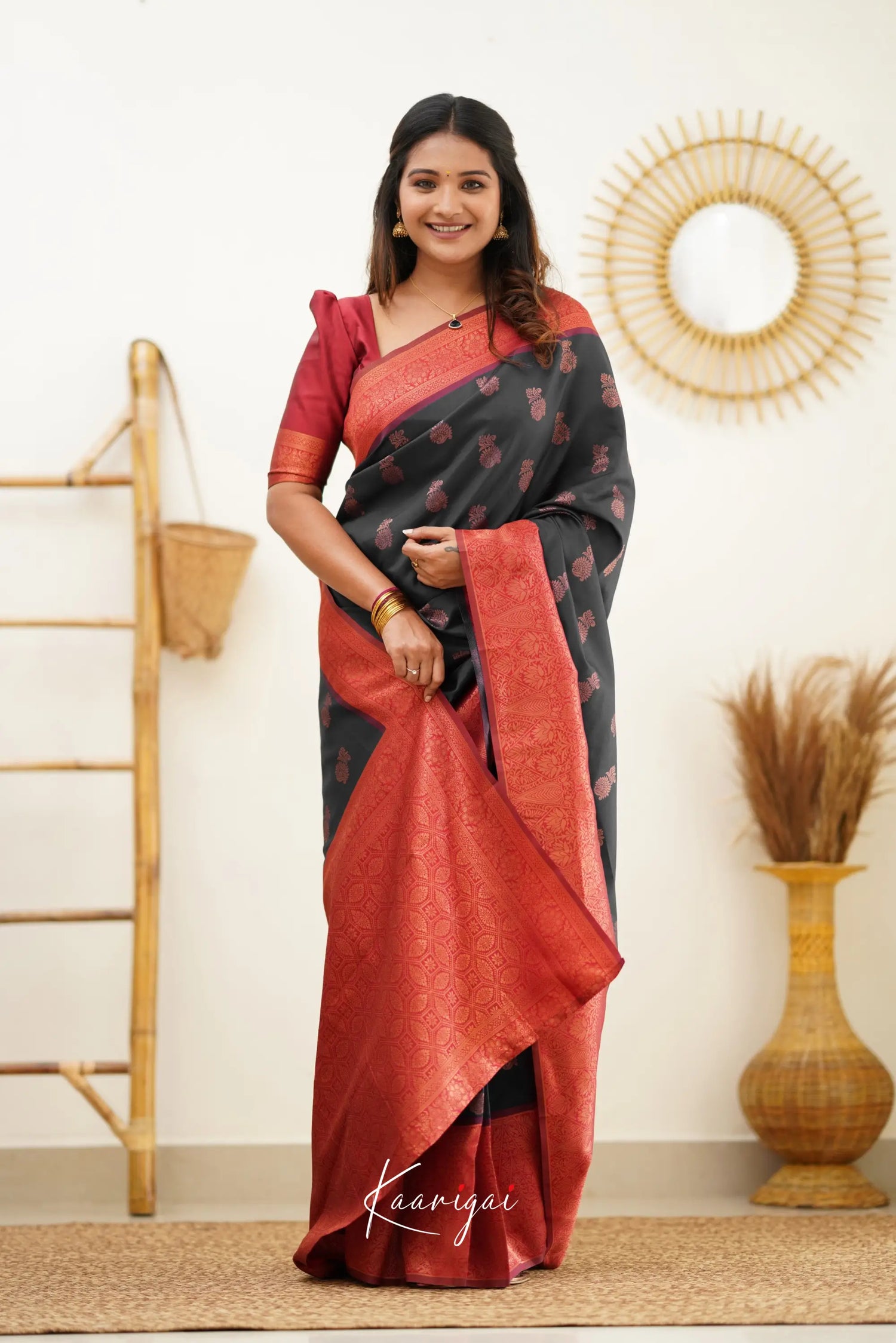 Sita - Black And Red Semi Silk Saree Sarees