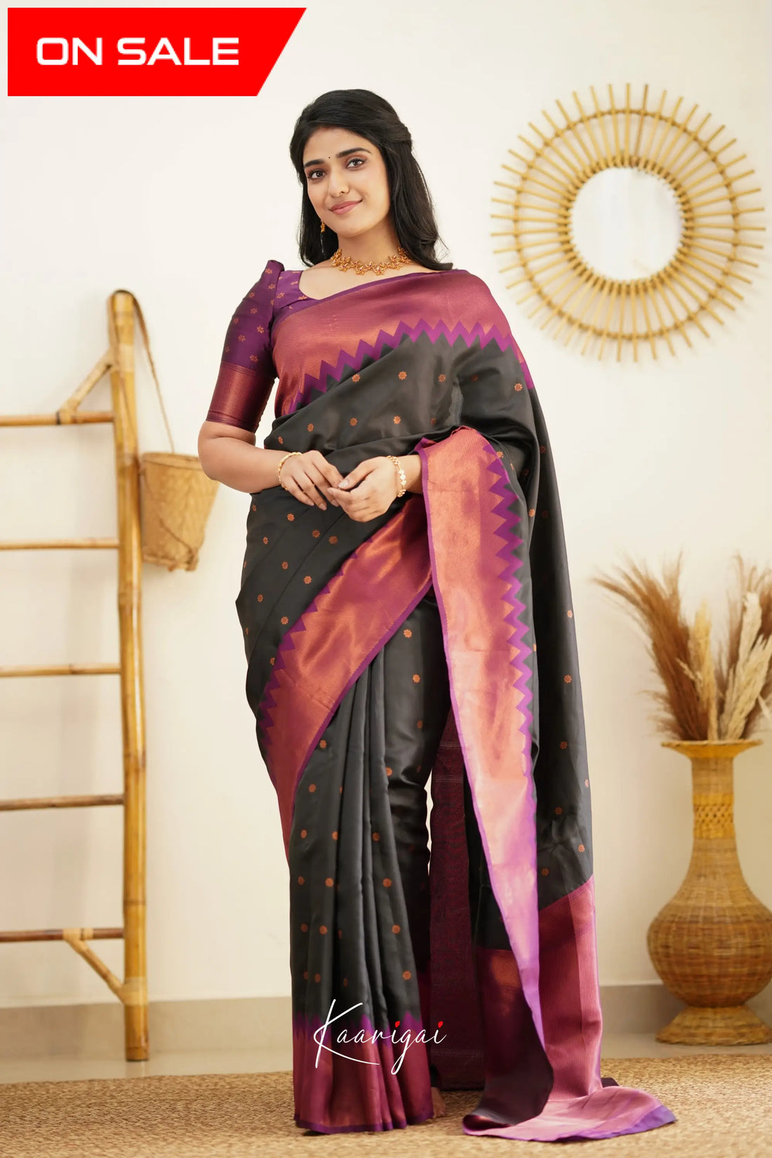 Sita - Black And Violet Semi Silk Saree Sarees