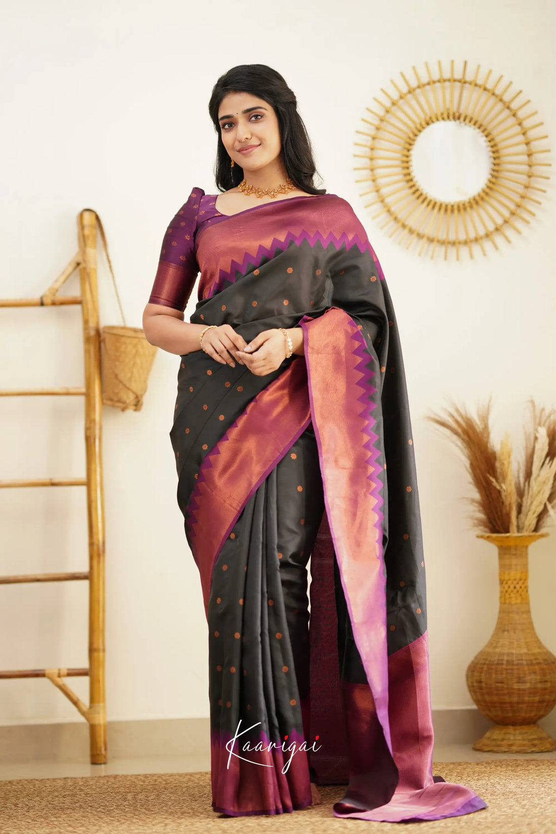Sita - Black And Violet Semi Silk Saree Sarees