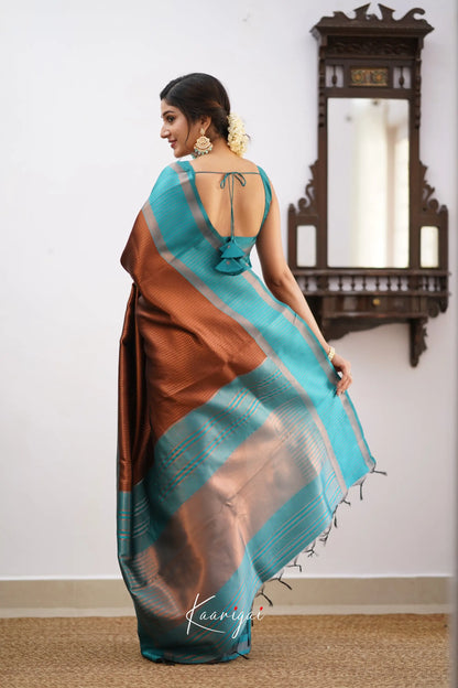 Sita - Brown And Teal Blue Semi Silk Saree Sarees