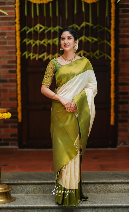 Sita- Cream And Green Blended Silk Saree Sarees