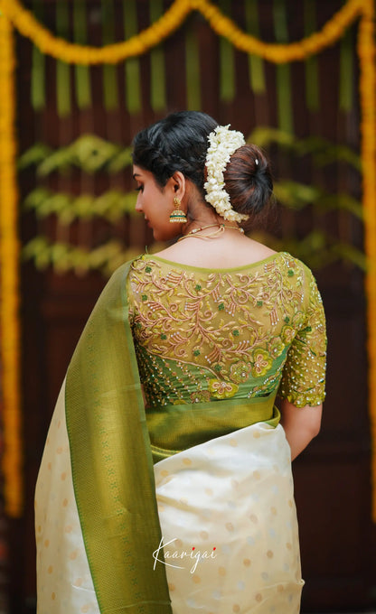 Sita- Cream And Green Blended Silk Saree Sarees