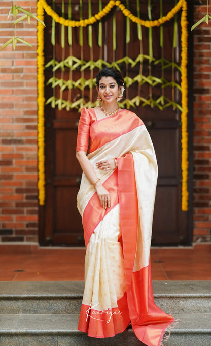 Sita - Cream And Peach Blended Silk Saree Sarees