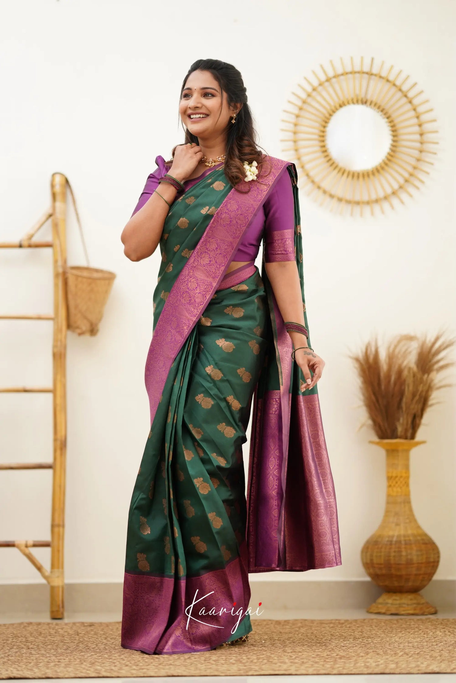 Sita - Dark Green And Magenta Semi Silk Saree Sarees