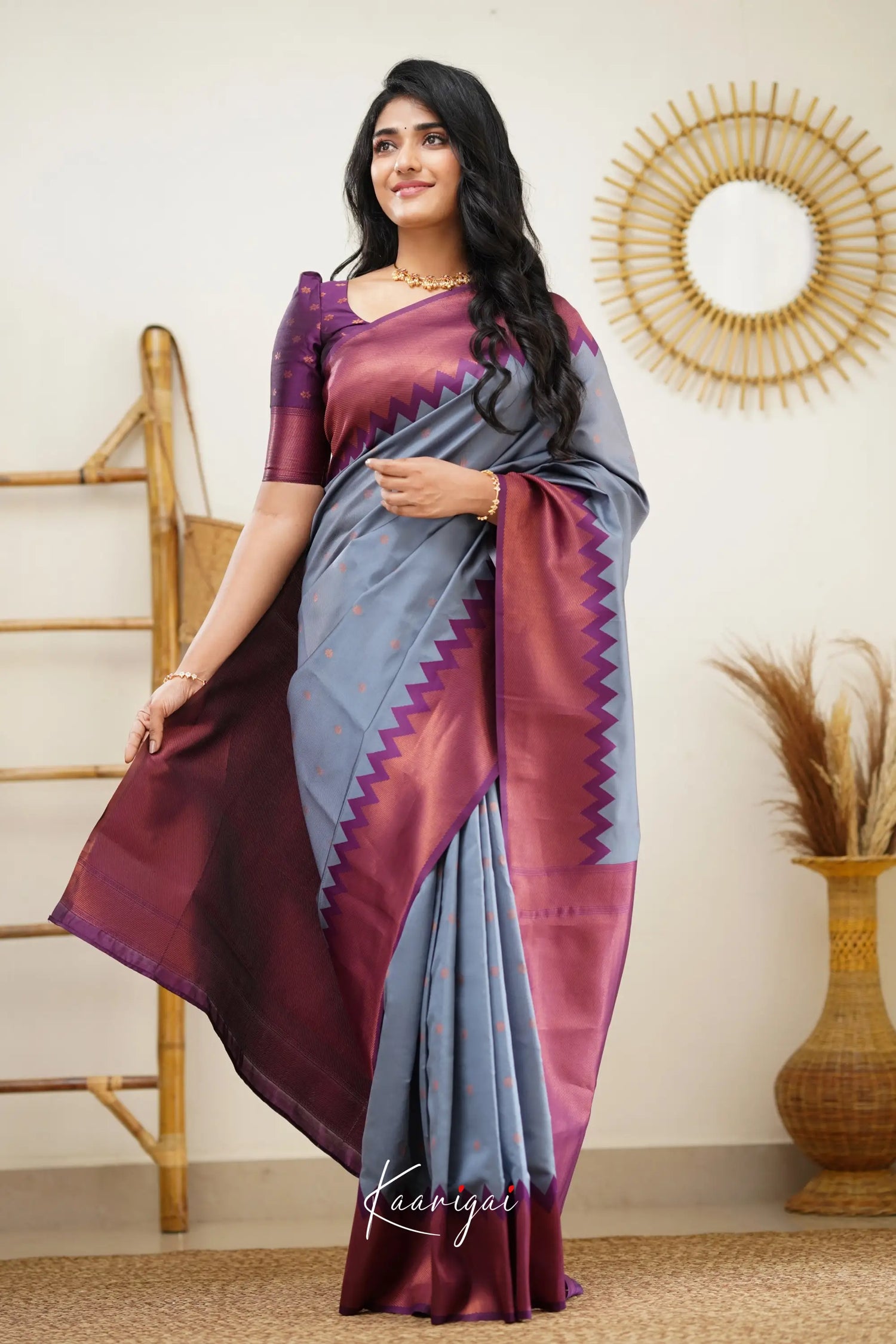 Sita - Grey And Violet Semi Silk Saree Sarees