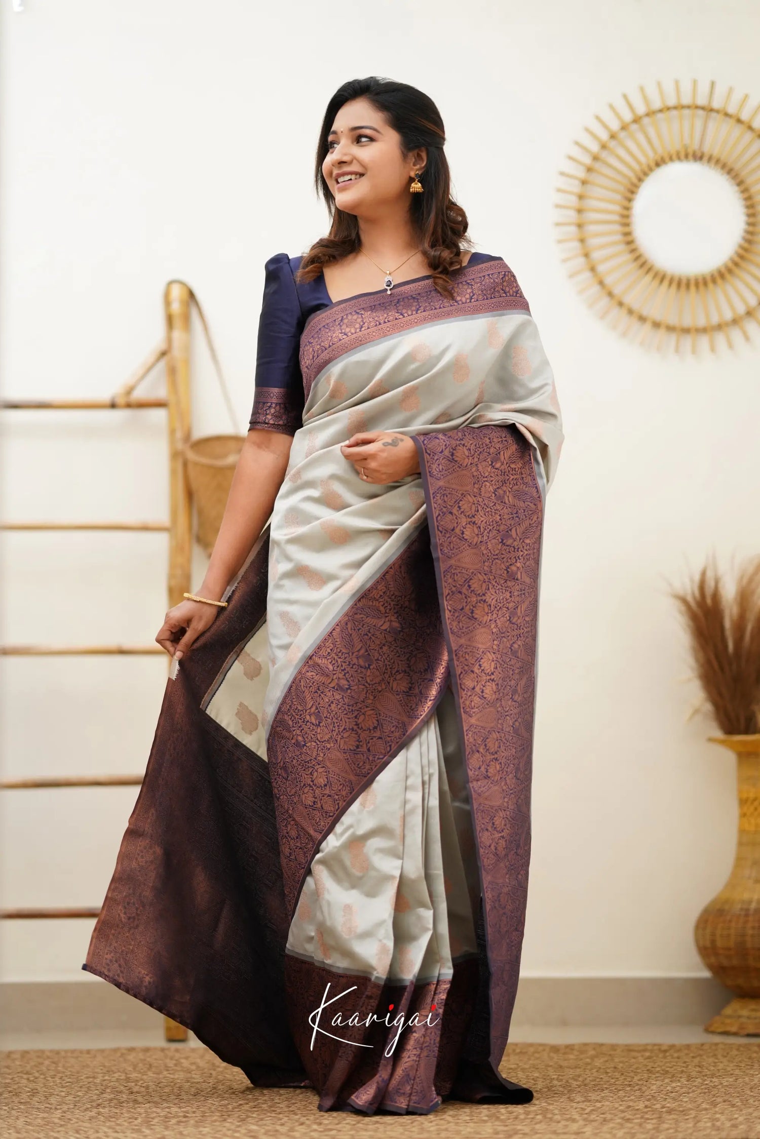 Sita - Light Grey And Navy Blue Semi Silk Saree Sarees