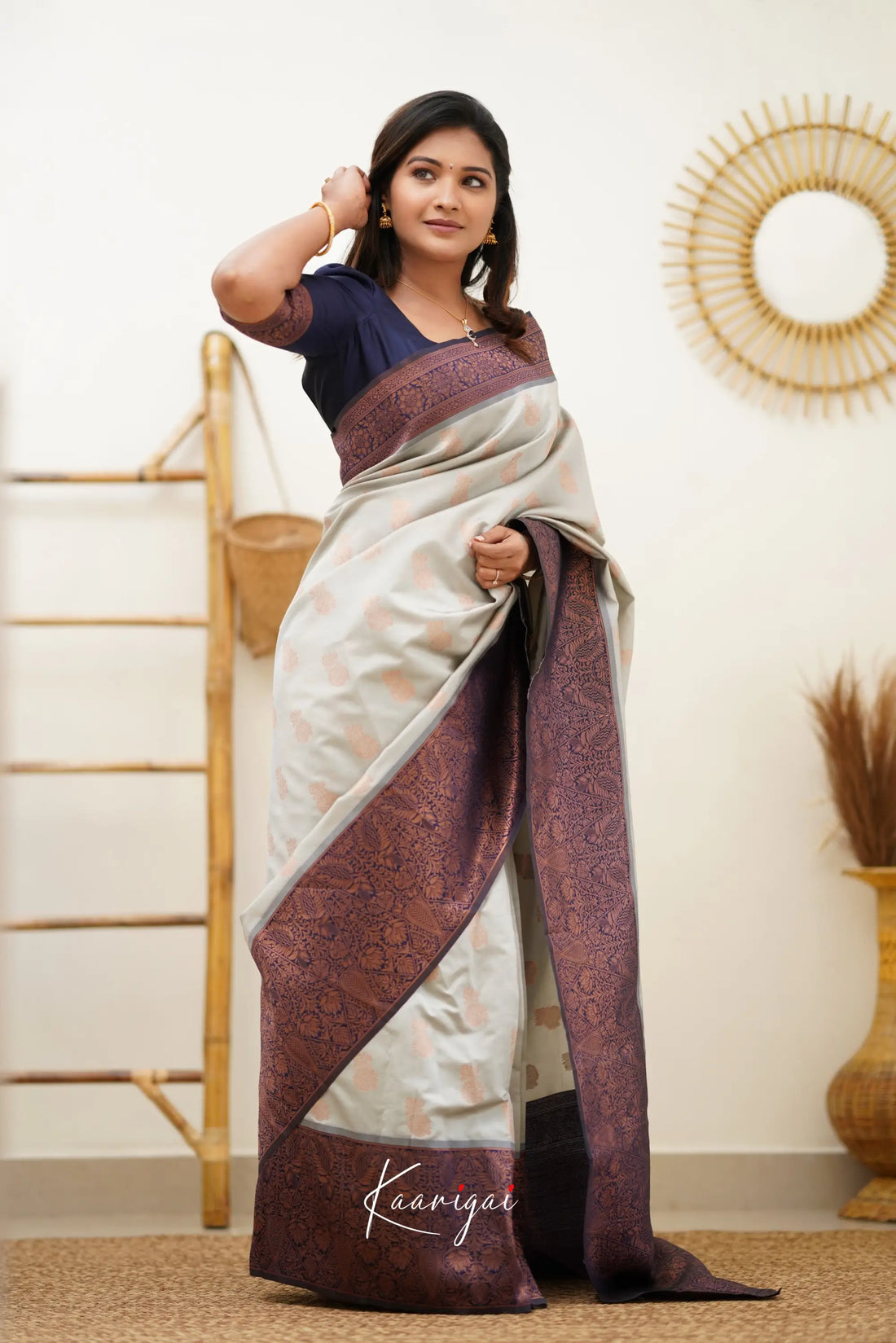 Sita - Light Grey And Navy Blue Semi Silk Saree Sarees