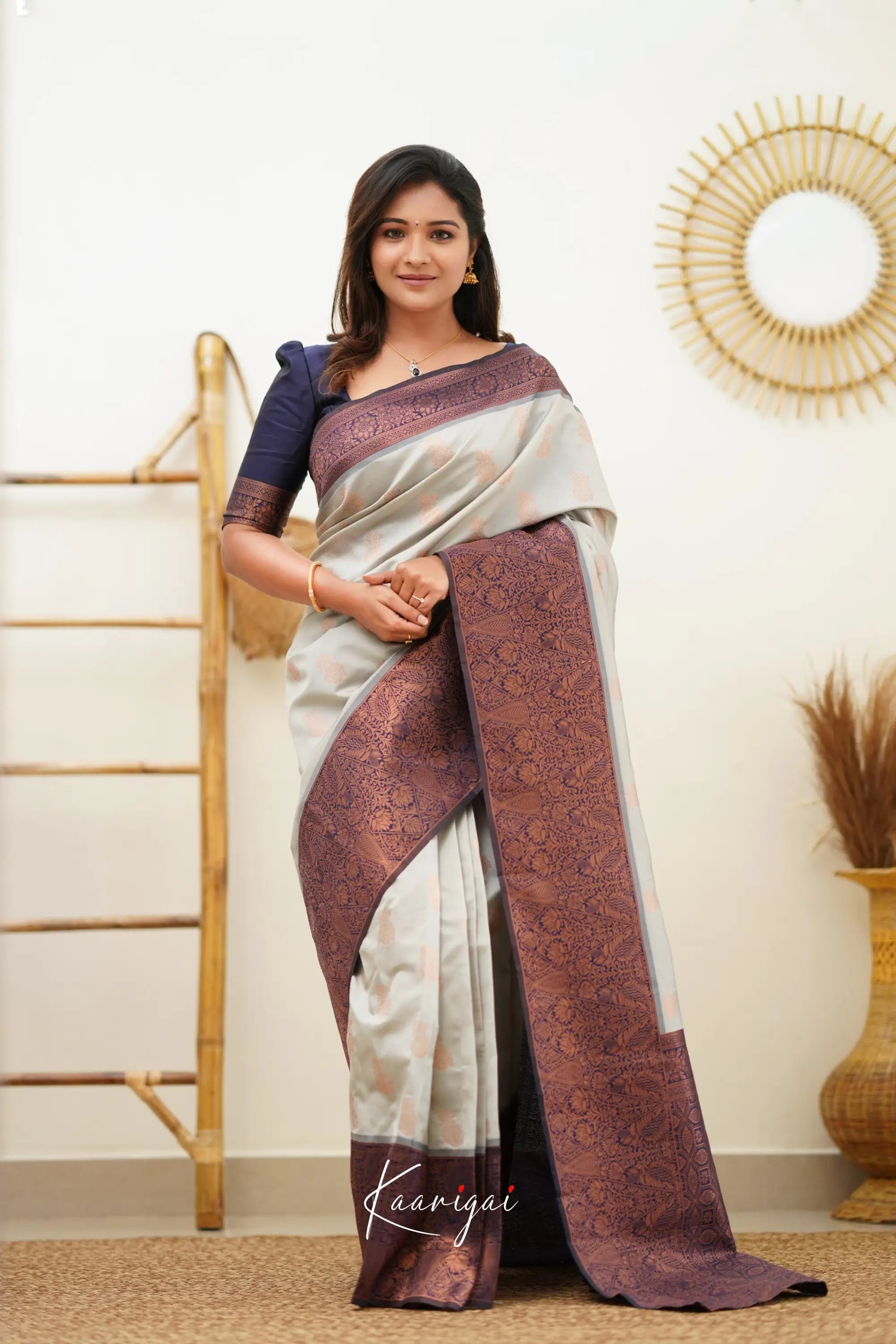 Sita - Light Grey And Navy Blue Semi Silk Saree Sarees