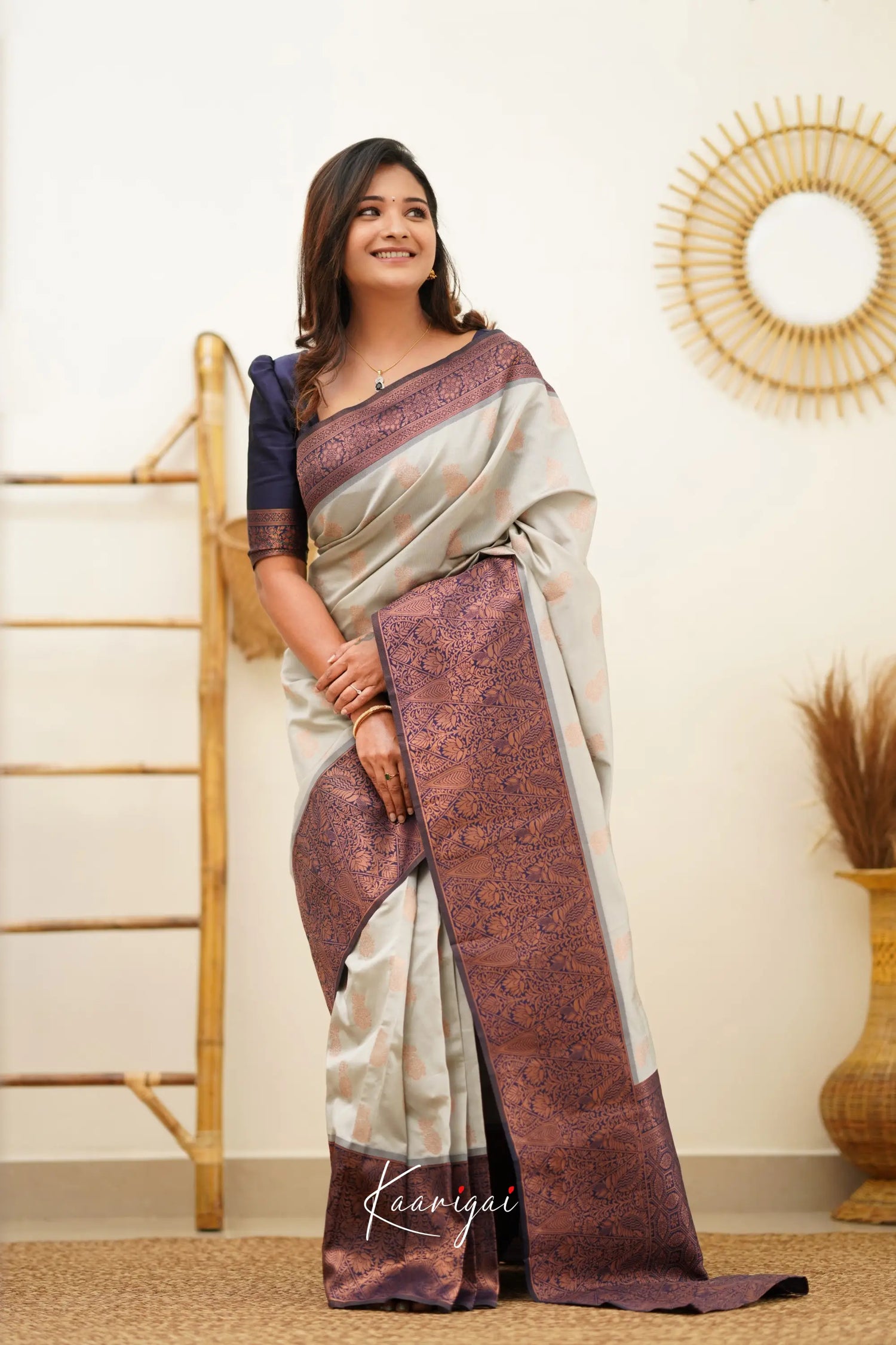 Sita - Light Grey And Navy Blue Semi Silk Saree Sarees