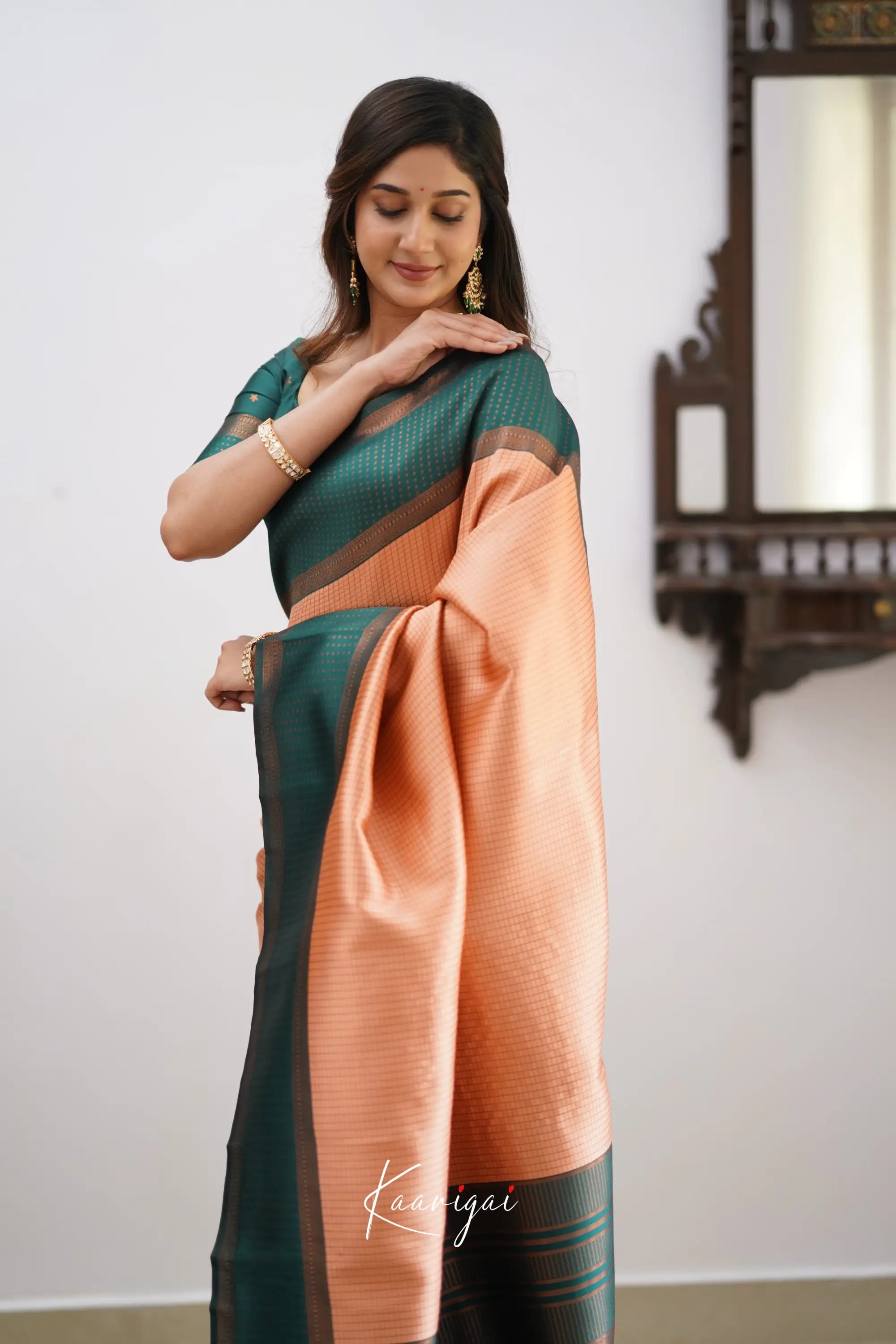 Sita - Light Salmon Orange And Green Semi Silk Saree Sarees