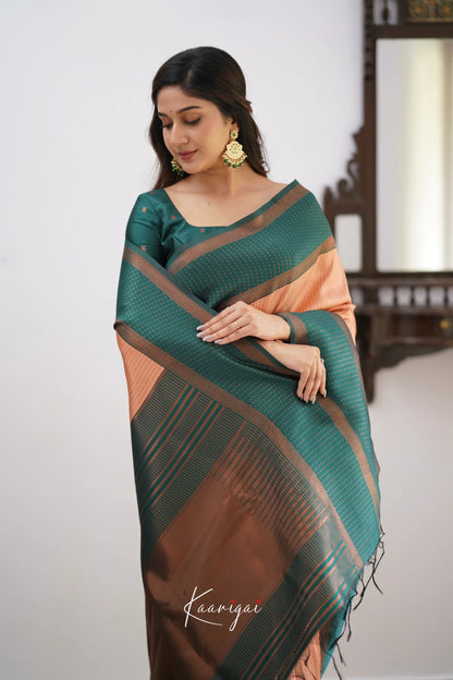 Sita - Light Salmon Orange And Green Semi Silk Saree Sarees