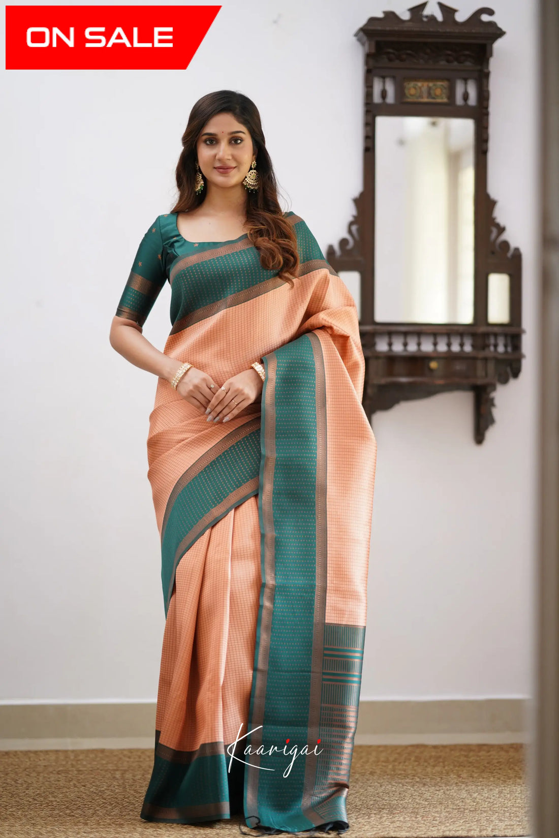 Sita - Light Salmon Orange And Green Semi Silk Saree Sarees