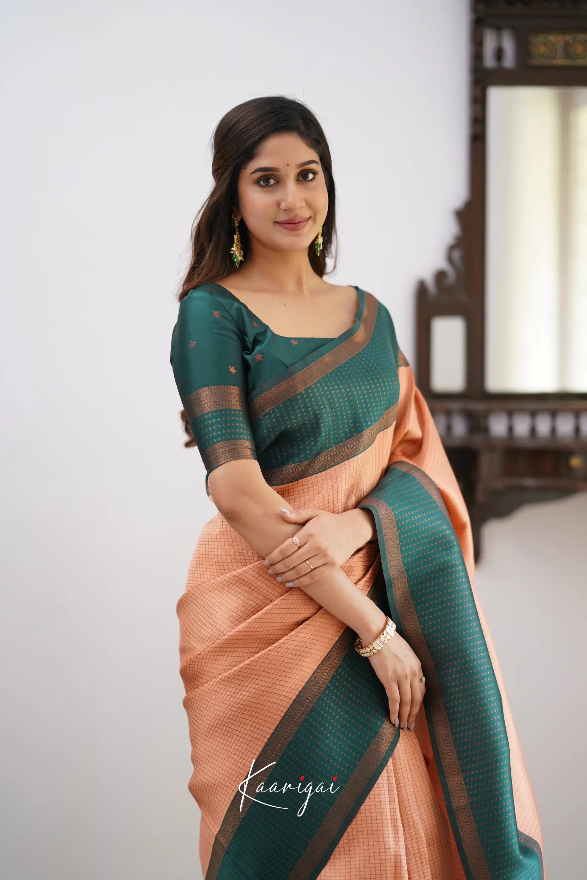 Sita - Light Salmon Orange And Green Semi Silk Saree Sarees