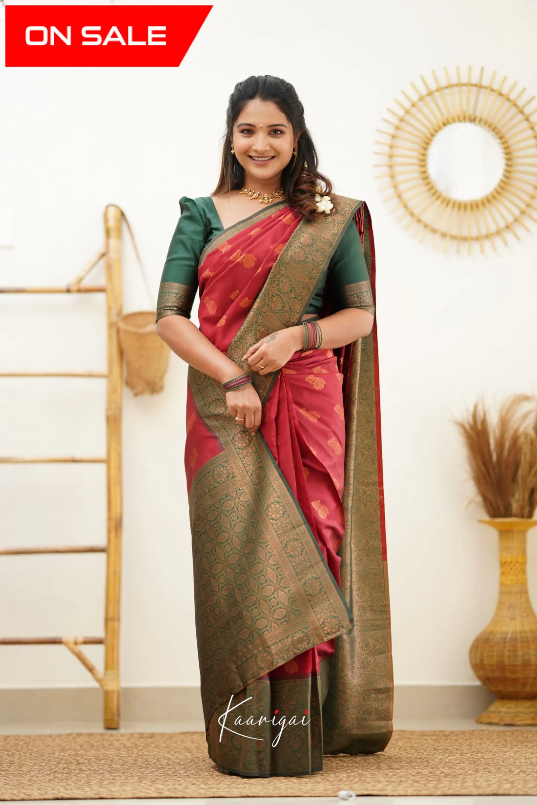 Sita - Maroon Red And Dark Green Semi Silk Saree Sarees