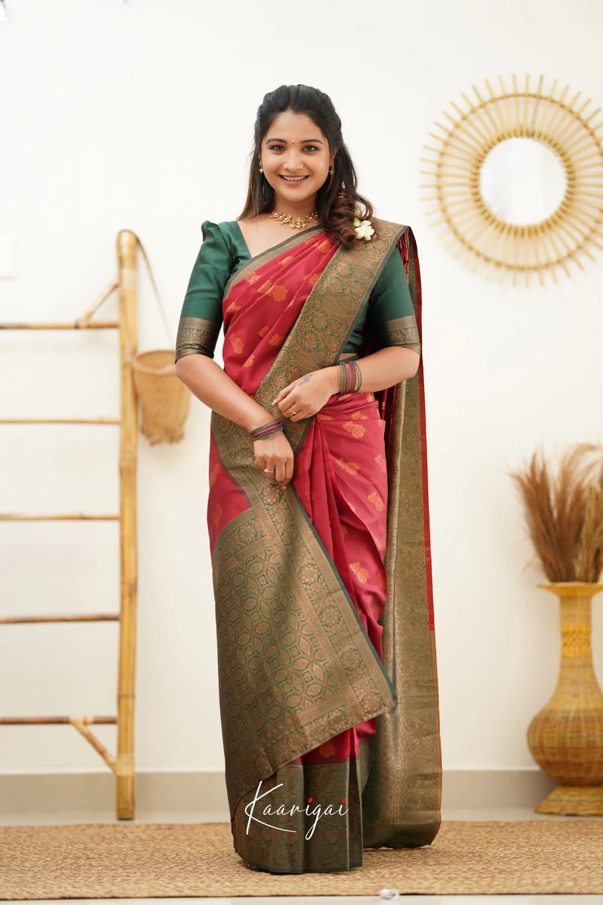 Sita - Maroon Red And Dark Green Semi Silk Saree Sarees