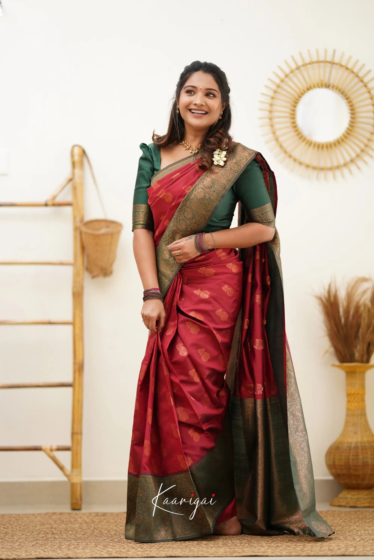 Sita - Maroon Red And Dark Green Semi Silk Saree Sarees