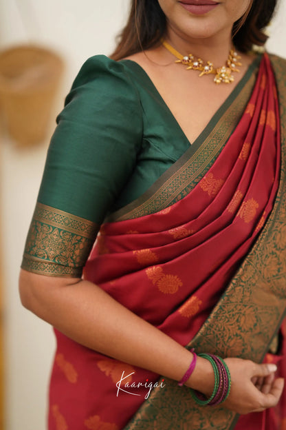 Sita - Maroon Red And Dark Green Semi Silk Saree Sarees