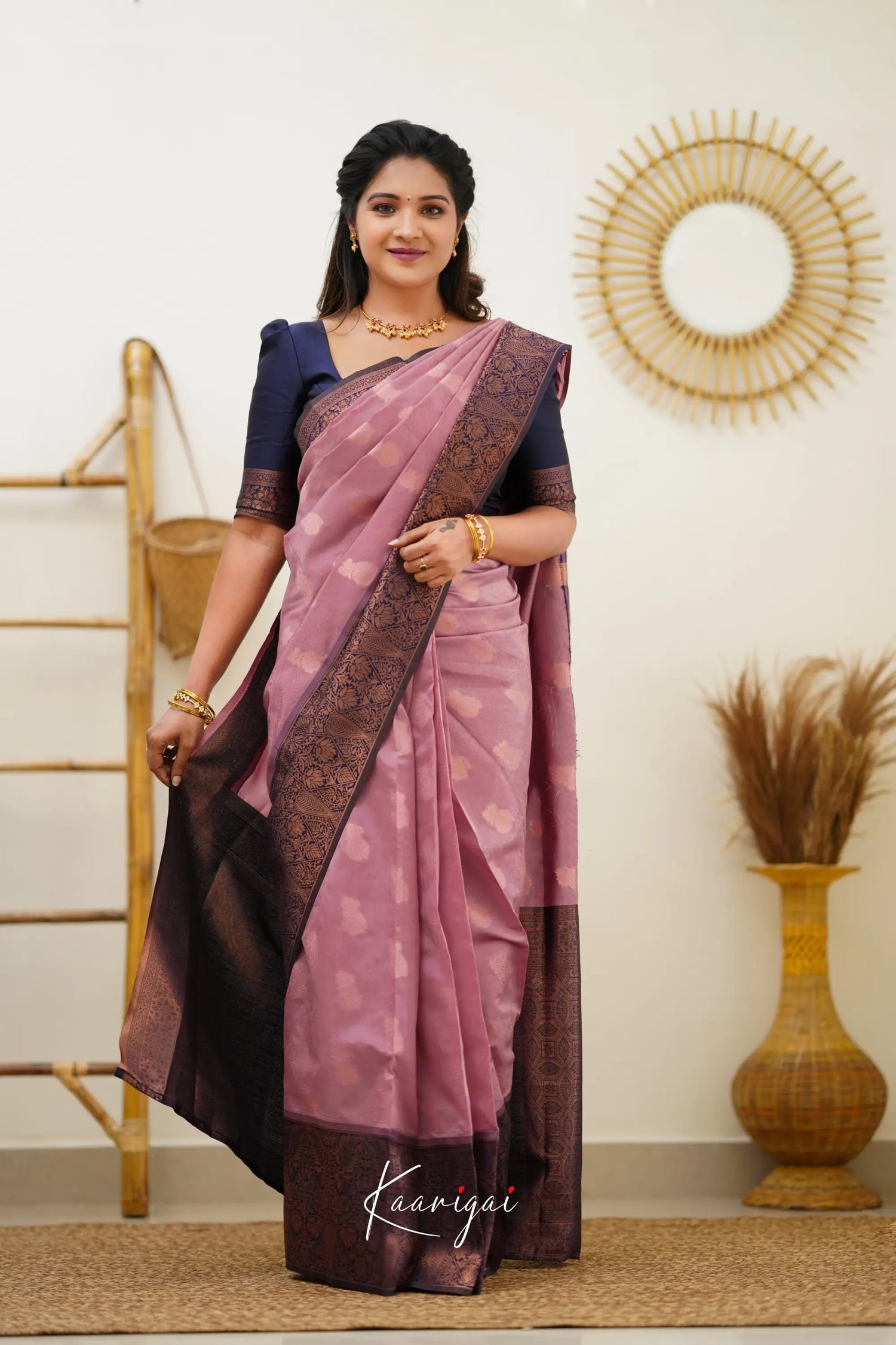 Sita - Mauve Pink And Navy Blue Semi Silk Saree Sarees