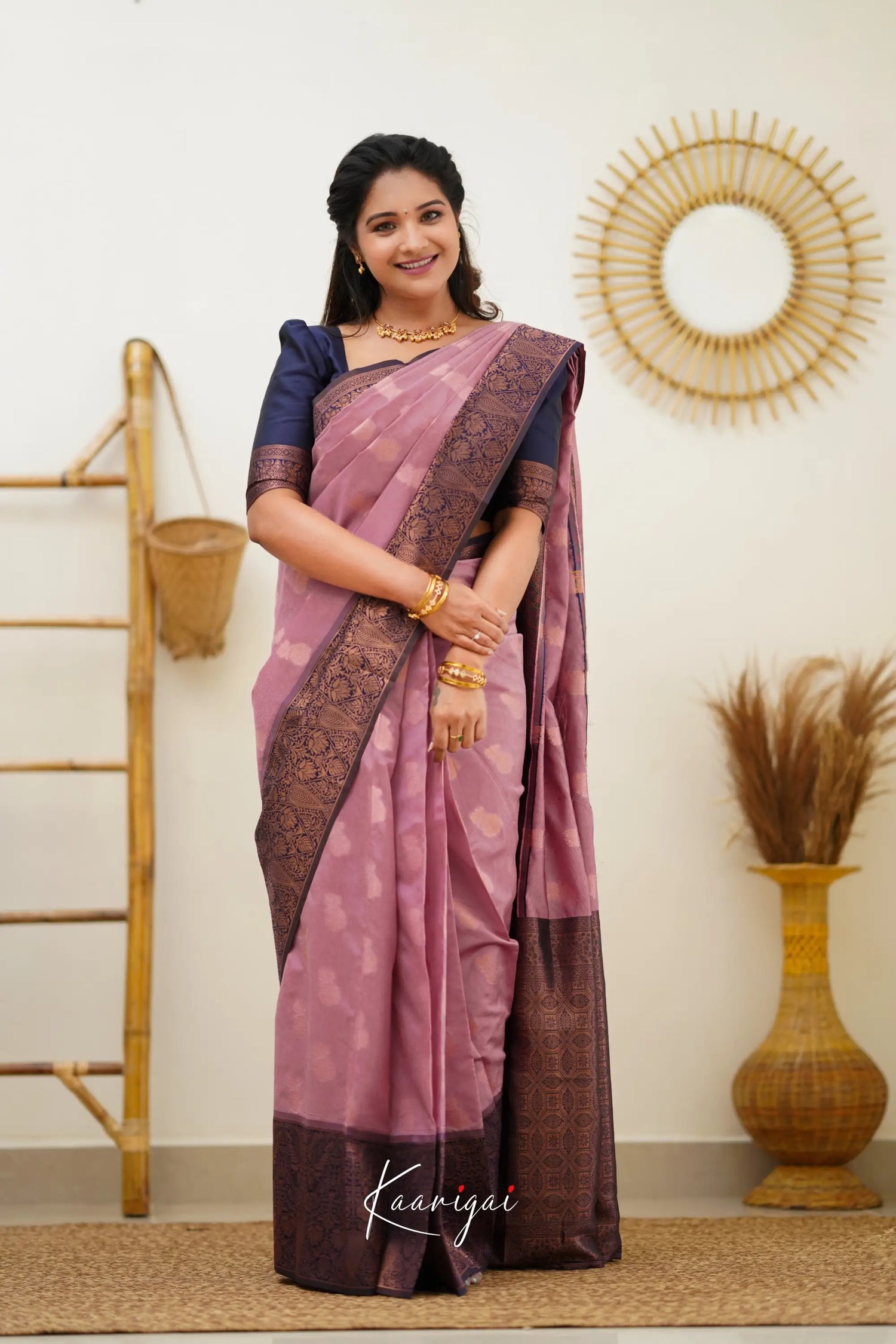 Sita - Mauve Pink And Navy Blue Semi Silk Saree Sarees