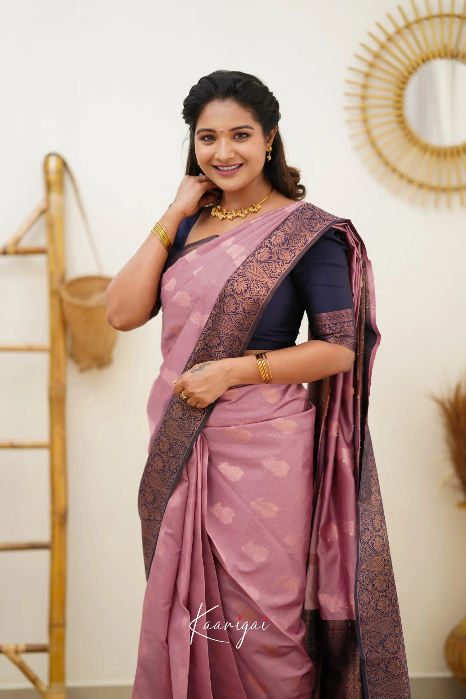 Sita - Mauve Pink And Navy Blue Semi Silk Saree Sarees