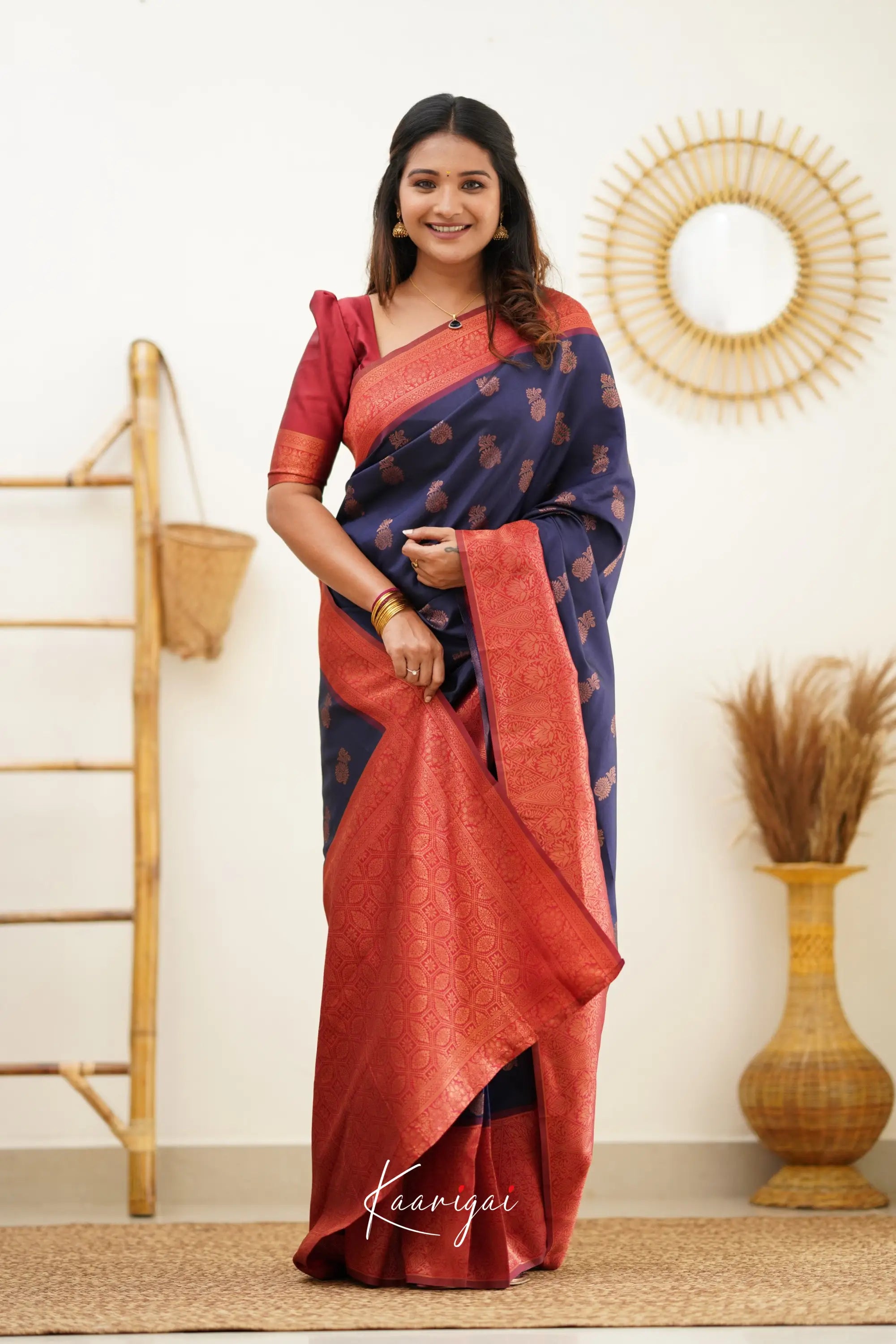 Sita - Navy Blue And Red Semi Silk Saree Sarees