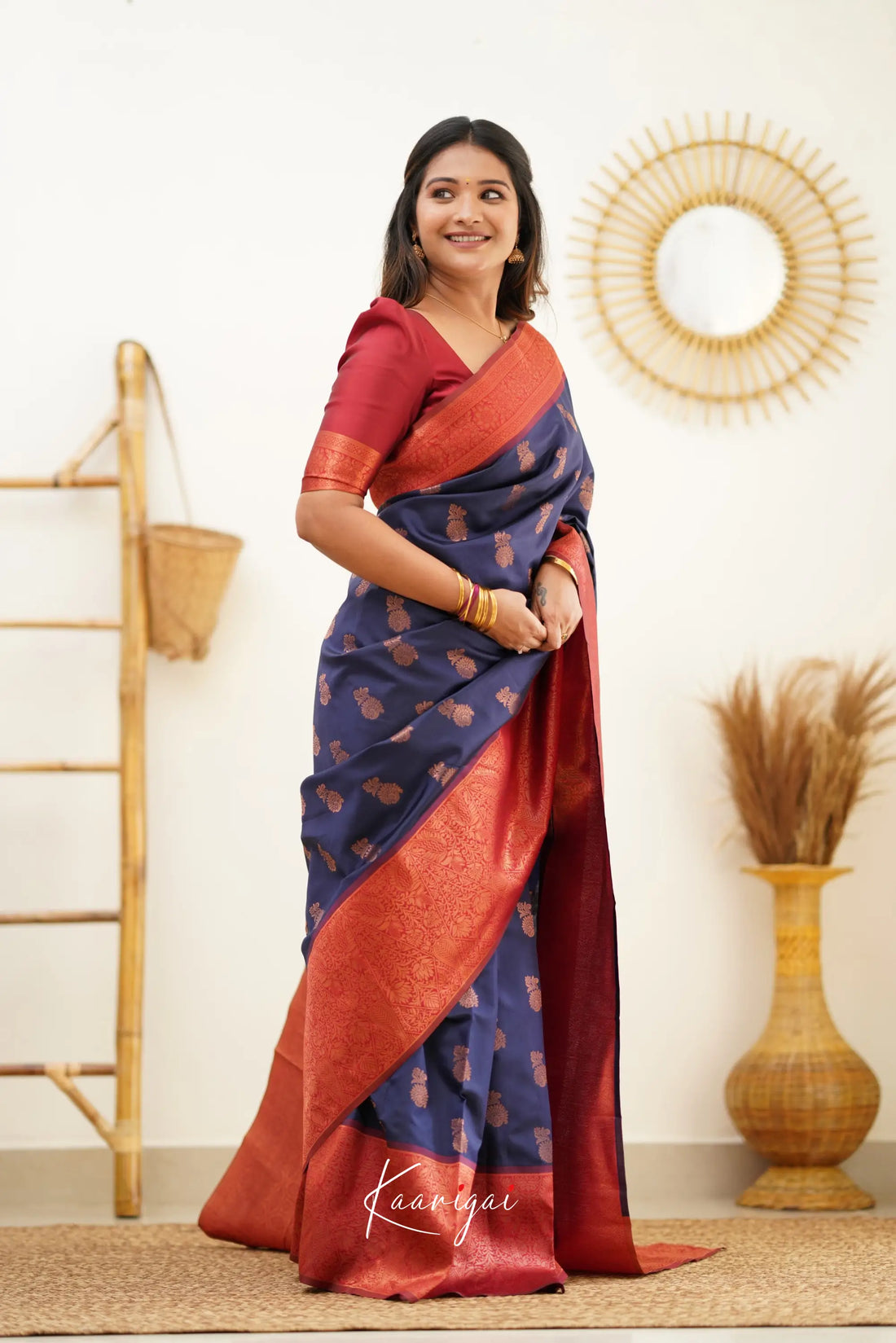 Sita - Navy Blue And Red Semi Silk Saree Sarees