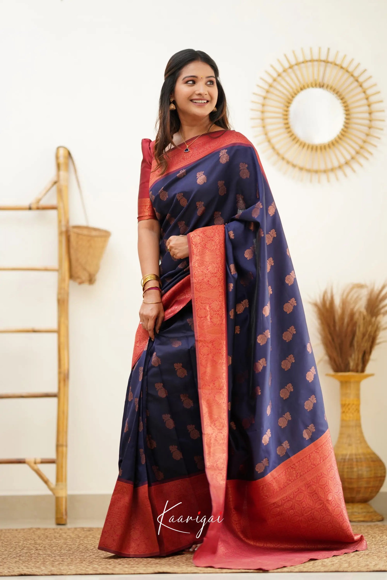 Sita - Navy Blue And Red Semi Silk Saree Sarees