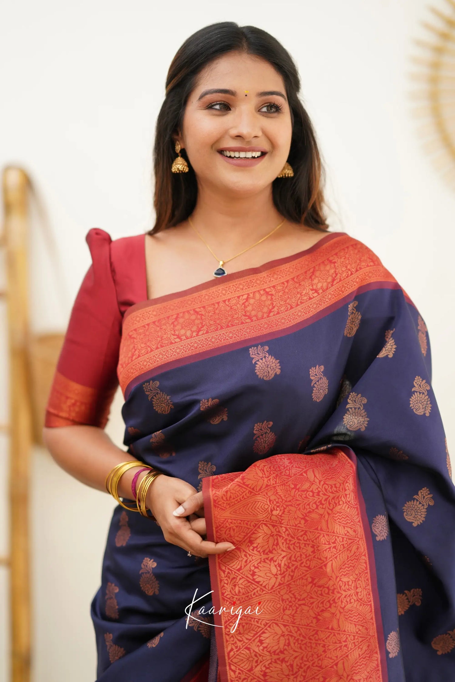 Sita - Navy Blue And Red Semi Silk Saree Sarees