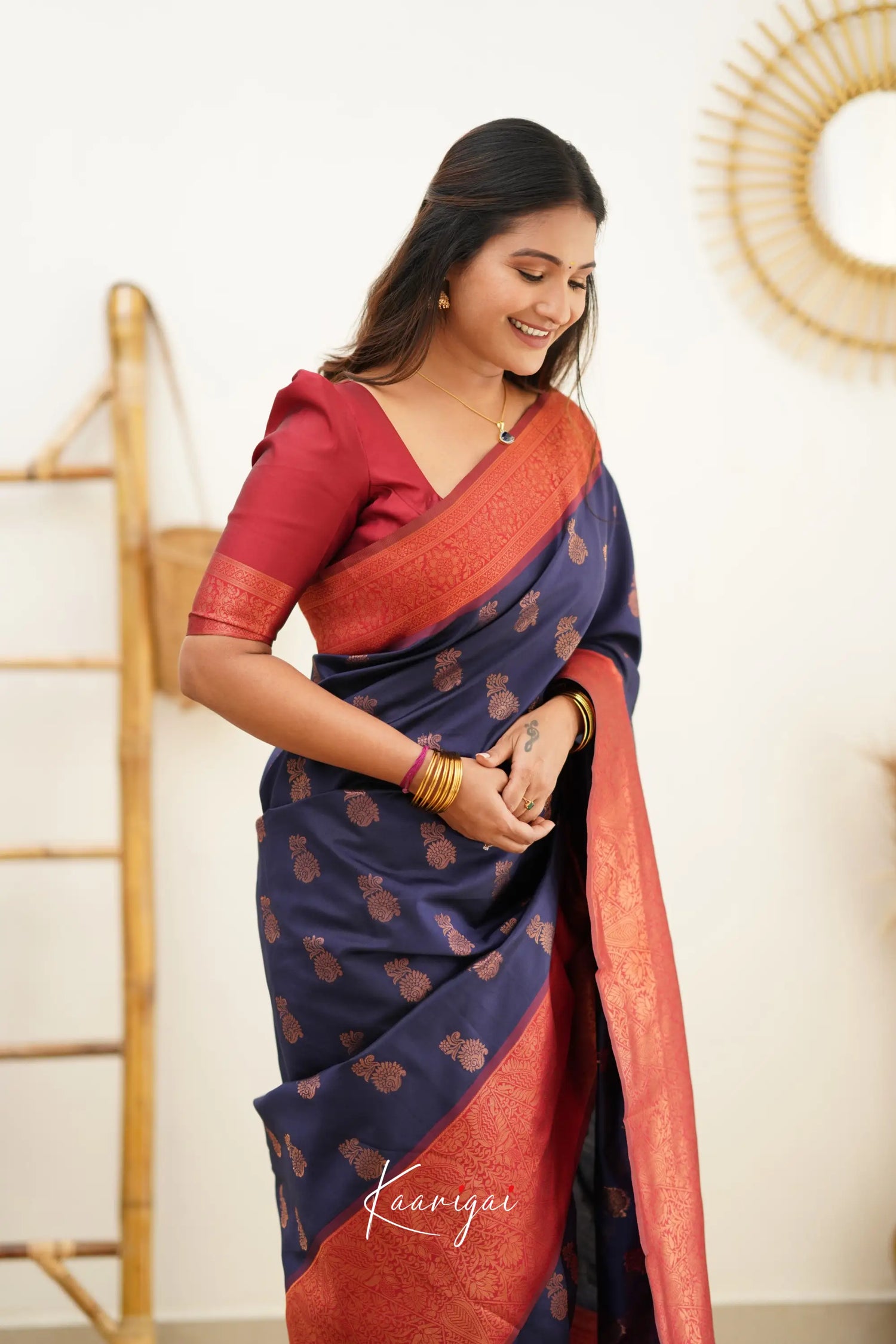 Sita - Navy Blue And Red Semi Silk Saree Sarees